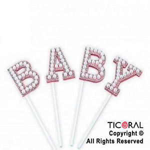 Cake topper BABY con perlas rosa  X 1